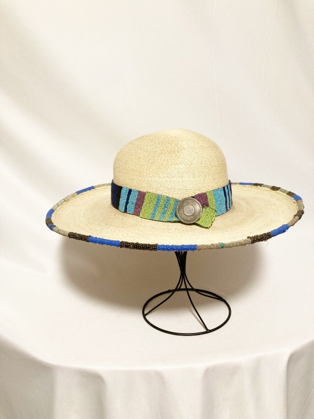 Hand Beaded SunBody Palm Leaf Hat Western Boho Artisan Unique Wearable Art - Picture 2 of 12